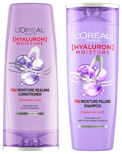 L’Oreal Paris Moisture Filling Shampoo, With Hyaluronic Acid, For Dry & Dehydrated Hair, Adds Shine & Bounce, Hyaluron Moisture 72H, 340ml + Conditioner 340ml