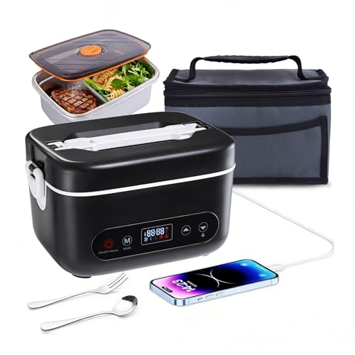Fagalil Cordless Heated Lunch Box, 1.2L Battery Powered Electric Lunch Box for Adult Portable Stainless Steel Food Warmer with Tableware and Insulated Bag for Car Work Travel Picnic Home