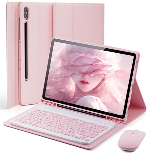 Cover Per Samsung Galaxy Tab S10+ Plus / S9+ Plus / S9 FE+ Plus / S8+ Plus / S7 FE / S7+ Plus 12.4 Pollici con Tastiera Essere Caricata Keyboard Bluetooth Mouse Coperchio Protettivo Case Rosa