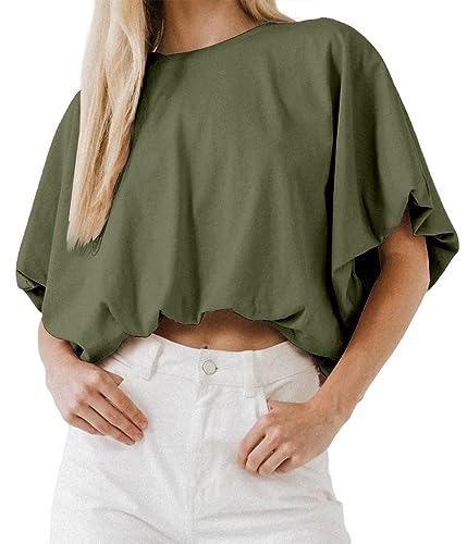 Womens Summer Crewneck Crop Tops Short Sleeve Casual Loose Cropped T Shirts