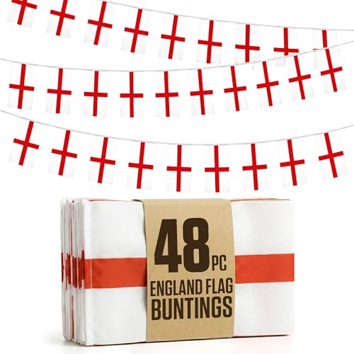 England Flag Bunting 48Pcs St Georges Cross Flags 14x21cm - 15m Double Sided Printed Polyester Rope for Football Cricket 2026 St Georges Day Garden Parties Pubs & Patriotic Celebrations