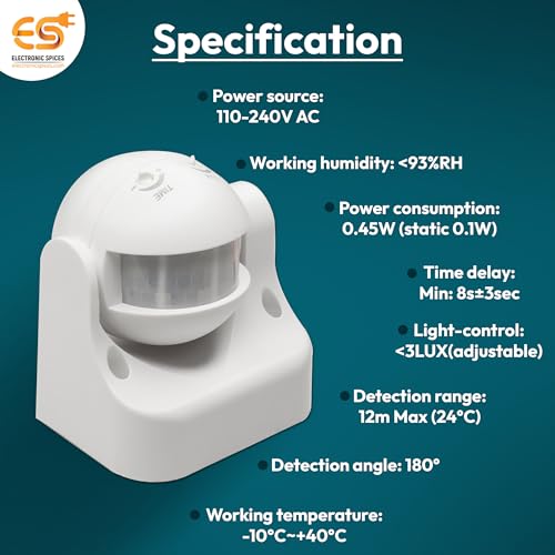 Image of Electronic Spices 300W /1200W Automatic Infrared Motion Sensor Switch | 110-240 AC Passive Infrared (PIR) Technology | with Sensor Light Switch 360 Deg