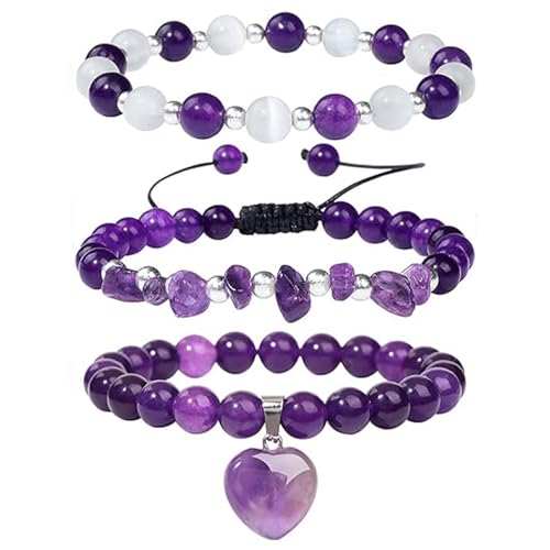 3 pulseras de corazón de cristal healing, pulsera de amatista natural púrpura...