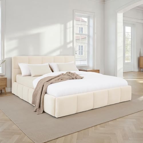 IDIMEX Polsterbett Cloud gepolstert 180 x 200 cm, Cremeweiß – modernes Doppelbett mit Samt Stoffbezug, inklusive Lattenrost und gepolstertem Kopfteil