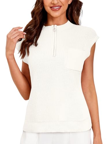 Image of Women Sleeveless Knit Zip Sweater Vest Loose Fit Mock Neck Casual Tank Top with Front Pocket
