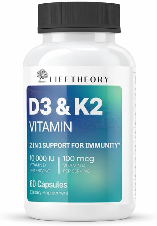 LIFETHEORY Vitamin D3 & K2 | 2-in-1 Vitamin Supplement | Vitamin D3 (Cholecalciferol) & Vitamin K2 (MK-7) | Daily Vitamin Formula | 60 Capsules
