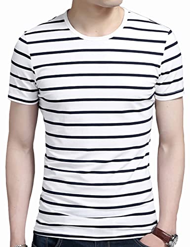 SHUIANGRAN Men's Striped T-Shirt Short Sleeve Casual Pullover Crew Neck Cotton Shirts for Teens or Sons 6806 Black US M4