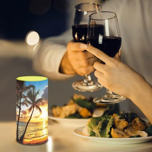 Image of Poceacles Flameless Candle Flame Effect Realistic LED Lights, Battery Operated Flameless Table Lamp with Timer Remote Colors Changing Hawaii Home Decor, Hawaiian Palm Tree Gold Sunshine