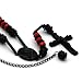 Mens Hip Hop 8mm Black w/Red Tone 32" Glass Beaded Chain Rosary Prayer Hand & Jesus Cross Necklace