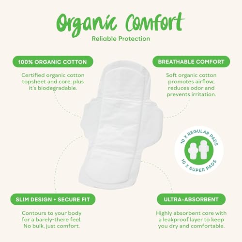 Image of Oi | Organic Initiative - Ultra Thin Pads with Wings, 20 Count (10 Regular /10 Super) | 100% Certified Organic Cotton Pads, Unscented | Leak Free, Biodegradable Thin Pads for Women | Non-GMO, Non Toxic