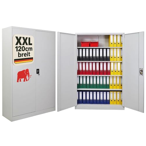 PROREGAL Flügeltürenschrank Elephant Metall Aktenschrank abschließbar 2 Türen 180x120x40cm Stahl 4 Ebenen Stahlschrank Pulverbeschichtung Lichtgrau Werkstattschrank Mehrzweckschrank Büroschrank