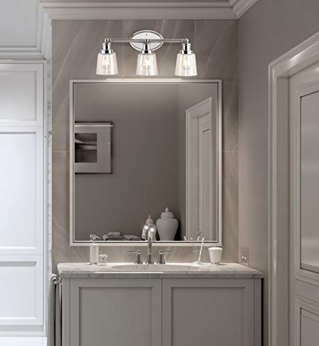 Image of JONATHAN Y 22.5 inch Chrome 3-Light LED Vanity Light, Farmhouse Wall Sconce for Bathroom Mirror, Clear Seeded Glass Shade, Rustic Iron Fixture for Kitchen Hallway, LED Bulb Included (JYL7532A)