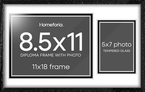 Image of Homeforia 11x18 Black Diploma Frame with Photo, High End Oak 11 x 18 Certificate Wood Frame with Mat 8.5x11 Diploma and 5x7 Picture, 11 by 18 Wooden Document Frames, Tempered Glass, Wall Kit, Set of 3