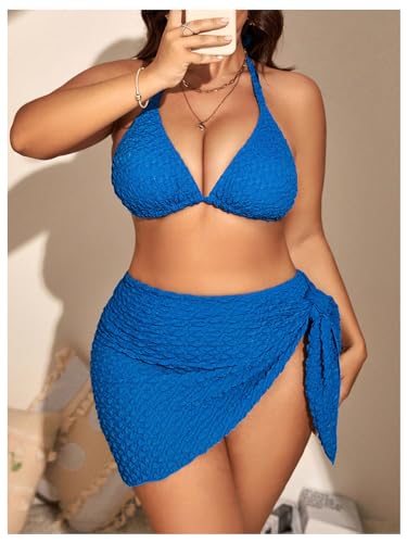 MakeMeChic Women's Plus Size 3 Piece Bikini Sets Tie Backless Halter Triangle Swimsuit Bathing Suit Cover Up Beach Skirts3