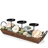 Pillar Candle Holder with Wood Tray, 3-Head Black Candlestick Holder for Thanksgiving Christmas Home