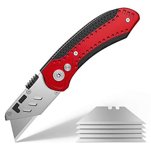 Utility Knife, SK5 Heavy Duty Retractable and Folding Box Cutter for Cartons Cardboard and Boxes, Quick Blade Change, Anti-slip Metal Body, with Safety Lock and 5 Extra Blades