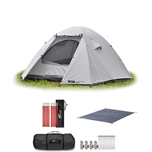 FIELDOOR フライシート付キャンプテント フィールドキャンプドーム200） 【ライトグレー】 アルミテントポール 2セット入り グランドシート ペグ＋ロープ＋キャリーバッグ付 3～4人用 ファミリー 吊り下げタイプ UVカット 耐水 シルバーコーティング キャノピー 簡単