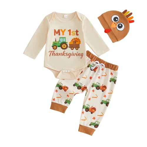 GOOCHEER My First Thanksgiving Baby Boy Outfit Turkey Long Sleeve Romper Pants Hat (Brown 0-3 Months)