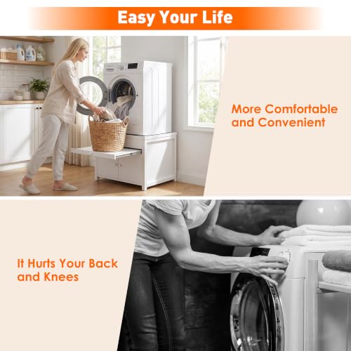 Image of 2 Pack Washer and Dryer Pedestals Stand With Pull-out Shelf, 29 inch W Universal Fit Metal Laundry Pedestal with Bulit-in Drain and Enclosed Storage, Anti-Vibration, 770 LBS Capacity, 23 inch H, White