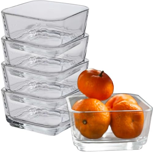 Orkim 4in 10oz Clear Glass Vertical Cereal Candy Snack Bowls Set, Square Fruit Plate, 4 Pack Crystal Side Prep Dishes, Vintage Ice Cream Yogurt Serving Bowl, Dessert Dish Plate for Desk - Clear