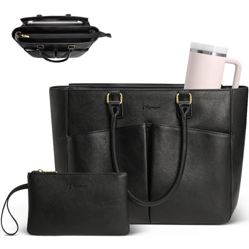 Lifeamar Vintage Leather Laptop Tote Bag for Women, 15.6 Inch Large Capacity Waterproof Work Briefcase, Office Business Computer Purse for Teacher Nurse