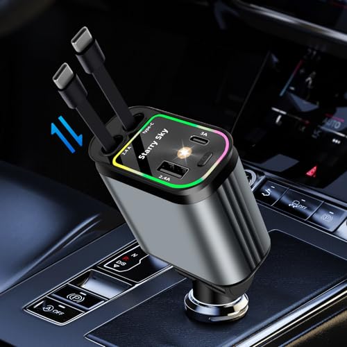 Retractable Car Charger 66W 4 in 1 Cigarette Lighter USB Charger USB C Car Charger Adapter Car Phone Charge Compatible with iPhone 17/16 Galaxy S25/24 iPad Laptops