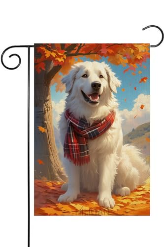 HILILIAN Fall Garden Flag 12x18 Double Sided, Small Burlap Autumn Great Pyrenees Dog Garden Flag Maple Leaves Fall Thanksgiving Outside Outdoor House Yard Decoration(4357)