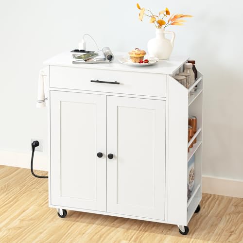 Miniatura 4 de Hoobro Isla De Cocina Con Toma De Corriente, Carrito De Comedor Con Cajones, Carro Con Especiero, 80,8 X 38 X 86 Cm, Blanco Ewt82czd01