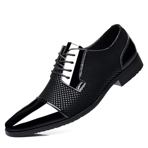 Sapato social masculino Oxford de couro envernizado clássico cadarço formal smoking sapatos negócios casamento Derby sapato bico bico moderno, Preto, 41