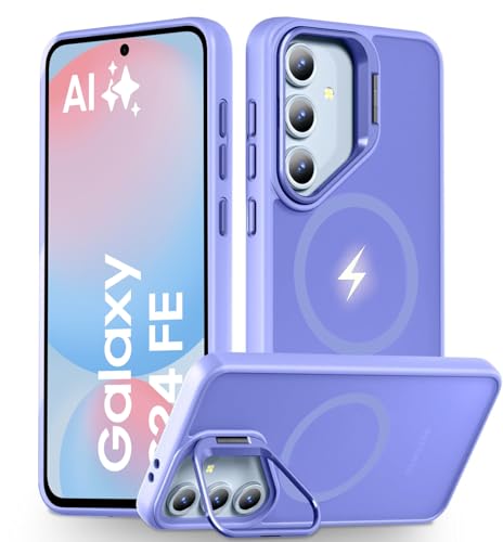 Image of DIZORO TPU+PC Samsung Galaxy S24 FE Case Compatible with Mag Safe & Wireless Charging, with Camera Stand, Military Grade Drop Tested,Translucent Hard Back Soft Edge Back Cover (Camera Stand Purple)