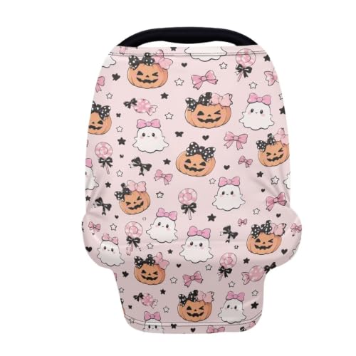 Image of Wanyint Car Seat Covers for Babies Girls Boys, Stretchy Carseat Canopy Soft Baby Breastfeeding Nursing Scarf Infant Stroller Cover Halloween Decor, Cute Ghost Pumpkin Bow Pink