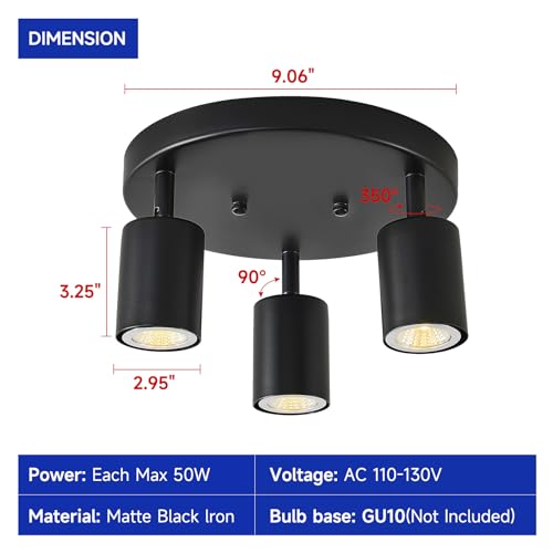 Egm BLACK 3 -LIGHTS Adjustable 3-Light Ceiling Spotlight, Black Round Track Lighting Fixtures thumb #2