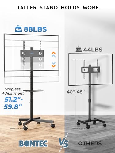 Image of BONTEC Mobile TV Stand for 23-65 Inch TVs, Rolling TV Stand with Locking Wheels, Adjustable Height, Media Shelf, Outdoor TV Stand Max VESA 400x400mm, Holds Up to 88lbs