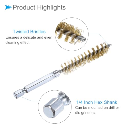 Image of Bore Brush, 11mm Dia 4 Inch Length, Brass Cleaning Wire Brushes with 1 /4 Inch Hex Shank - (Applications: for Power Drill, Die Grinder), 5-Pieces