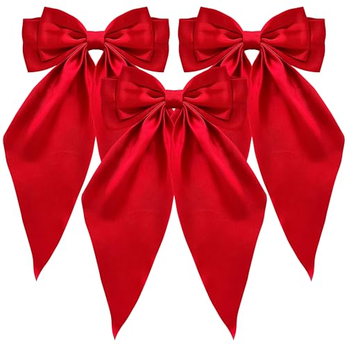Silky Satin Hair Bows, Oversized Long Tail Bows with Barrette Clips, Coquette Hair Accessories for Women and Girls (Red 3P)