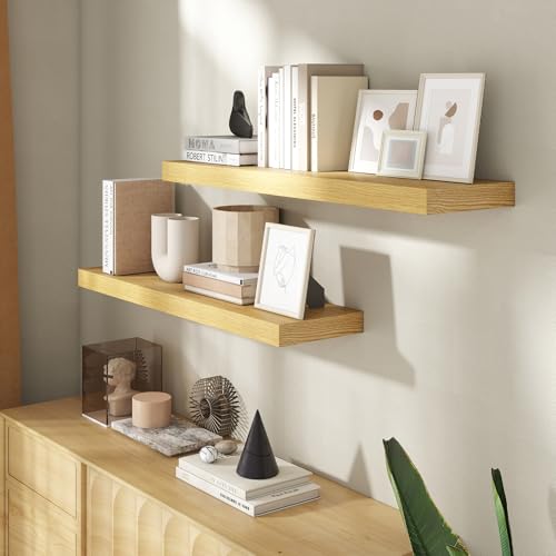 Image of 36 Inch Floating Shelves for Wall, 8 Inch Deep Floating Shelf for Storage & Display, Rustic Wall Mounted Shelf with Invisible Brackets for Living Room, Kitchen, Bathroom, Home Decor, Set of 2, Oak