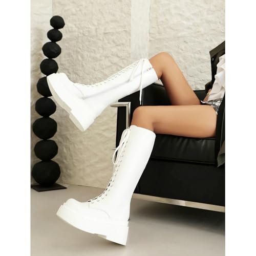 Image of Parisuit Women's Knee High Goth Platform Boots Lace Up Combat Boots | Chunky High Heel, Buckle Boots, Punk Chain Boots