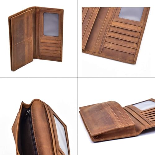 Long Genuine Leather Wallet for Men Double Zip Bifold Ample Storage for Bills Cards Mobile Perfect for Business Journeys (Brown)4