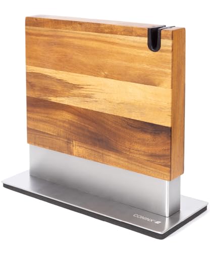 Coninx Bloc à Couteaux Magnétique avec Aiguiseur intégré – Porte-couteaux Aimanté Double Face en Bois d’Acacia – Support universel avec Base...