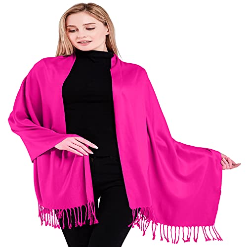 CJ Apparel Hot Pink Bright Pink Solid Color Tassels Design Nepalese Shawl Seconds Scarf Wrap Stole Throw Head Wrap Pashmina Hand Made in Nepal New2