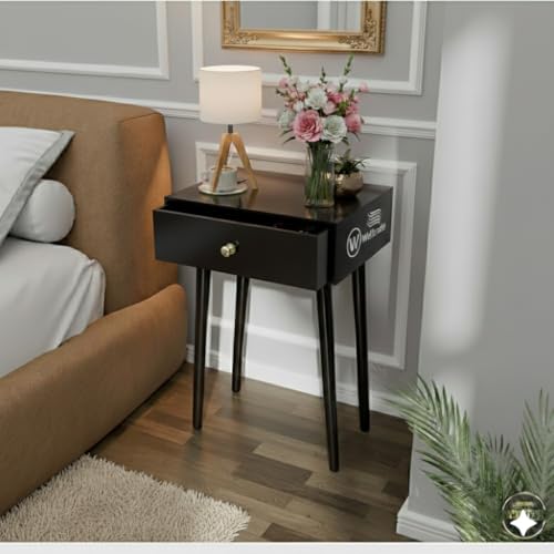 Image of Shoppee Wooden Antique 1- Drawer Wood Side Table Accent End Table for Living Room Solid Wood Leg Classic Bedside Table Nightstand for Bedroom (Black)