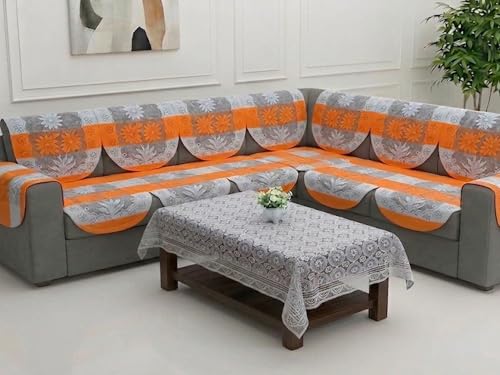 Image of Fab Nation Cotton L Shape Sofa Covers for 6 Seater Sofa Set | Sofa Slipcovers for 3 + 3 Seaters Cover with 2 Arms + 1 Table Cover | Orange & White