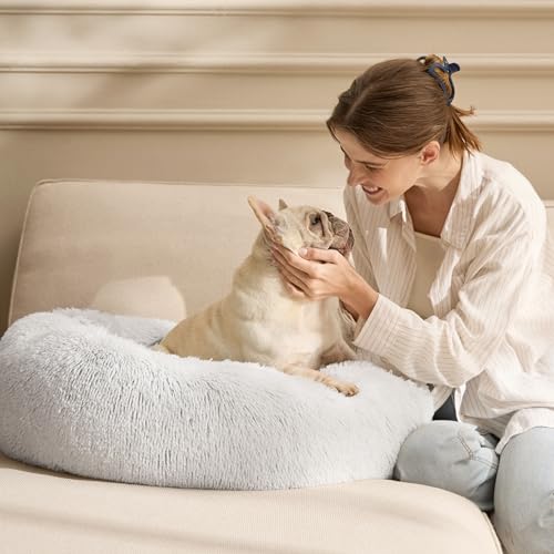 Image of Bedsure Calming Dog Bed for Medium Dogs - Donut Washable Medium Pet Bed, 30 inches Anti-Slip Round Fluffy Plush Faux Fur Cat Bed, Fits up to 45 lbs Pets, Frost Grey