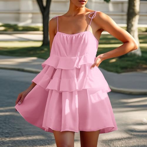 Women's Casual Dress V-Neck Lace Hollow Out Short Sleeve Ruffled Summer Cake Skirt for Everyday and Vacation (M) Pink3