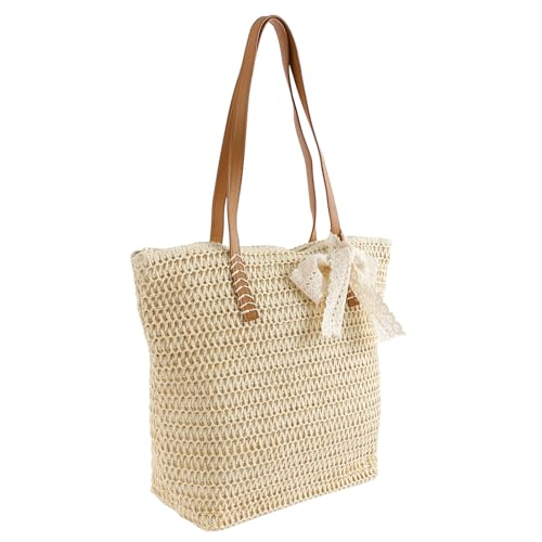 Bolsas de praia de palha para mulheres, bolsa de ombro de palha casual de verão com zíper de grande capacidade para férias, Bege