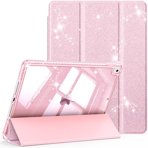 FINTIE Glitter Case for iPad 9th / 8th / 7th Generation (2021/2020 / 2019) 10.2 Inch - [Built-in Pencil Holder] Sparkly Shockproof Cover with Shiny Clear Back Shell, Auto Wake/Sleep, Light Pink