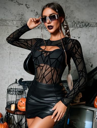 Avidlove Body Damen Sexy Mesh Oberteil Langarm Top Elegant Bluse Festival Outfit Curvy Transparent Gestreift Schwarz M