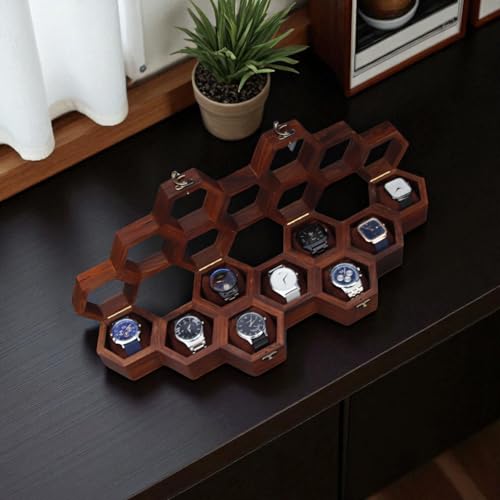 Image of Vintage Wooden Watch Box For Men, Timepiece Display Case, Honeycomb Watch Storage & Organizer, Jewelry Box For Women For Husband (9 Compartments - 2)