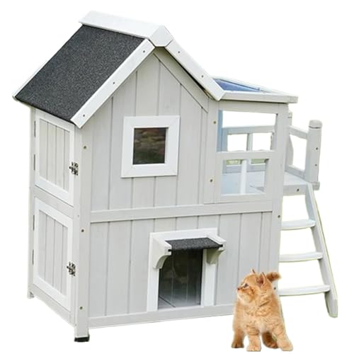 HJYryhyfddply 木製小型ペット囲い屋外、高級キャットハウスの別荘、耐候性、日焼け防止、2層の猫のコンドミニアム、階段とバルコニー付き(ライトグレー)