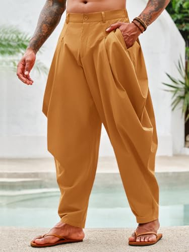 PASLTER Mens Harem Pants Cotton Yoga Casual Pleated Hippie Aladdin Summer Pants2
